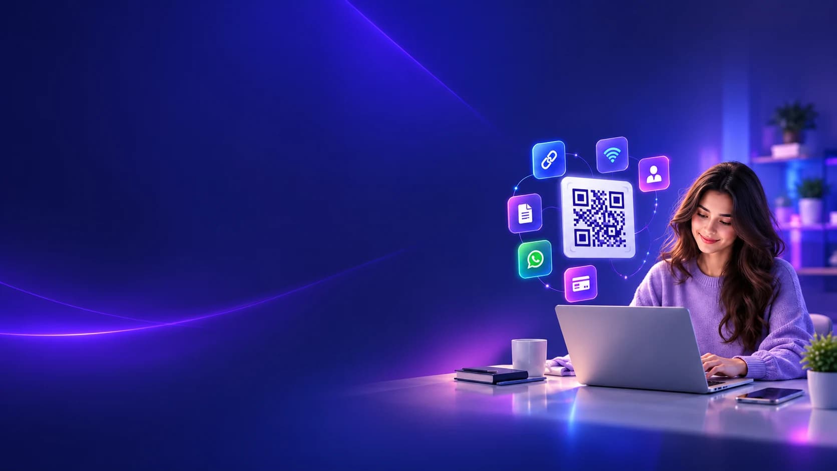 A modern female user creating a QR code on a laptop with glowing QR interface elements