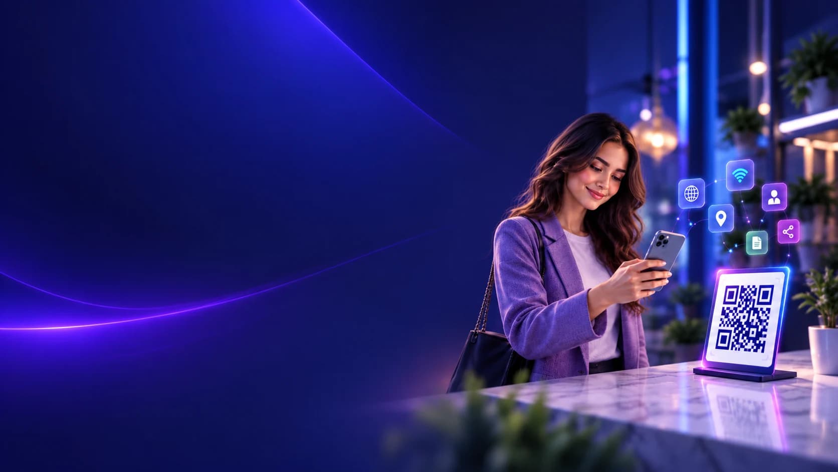 Female user using a smartphone to instantly scan a stand-mounted QR code