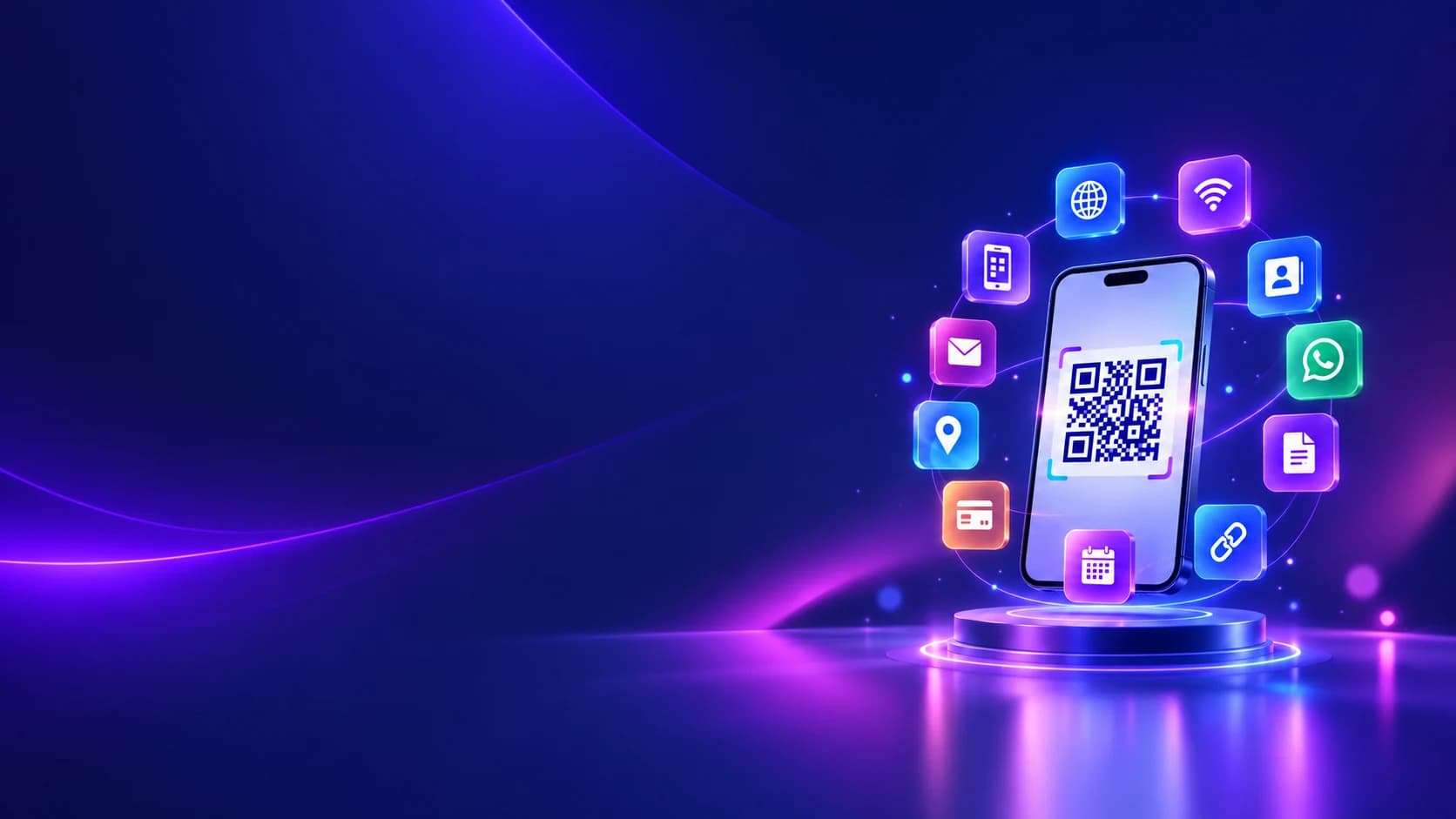 Central smartphone displaying a QR code surrounded by 17 different QR category icons
