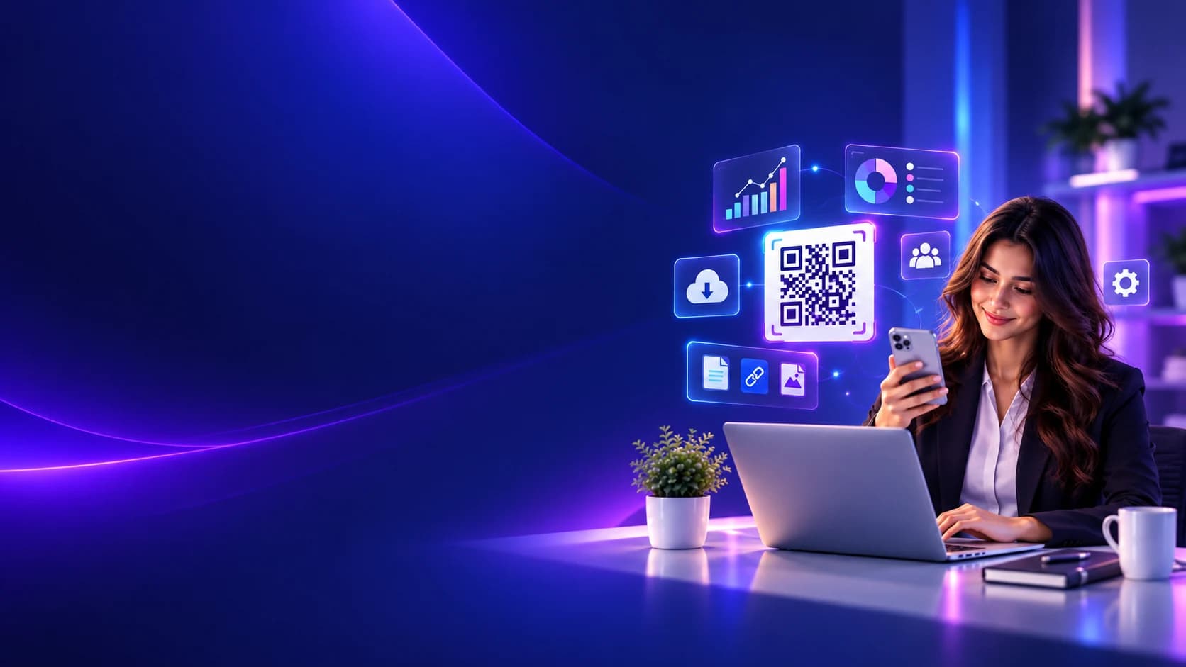 Business professional at a modern desk analyzing QR performance data and download metrics