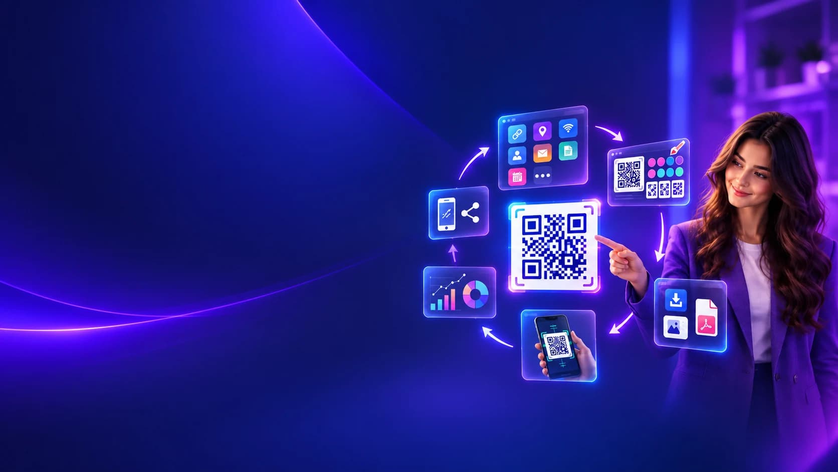 Complete circular QR workflow connecting creation, customization, downloading, scanning, and tracking